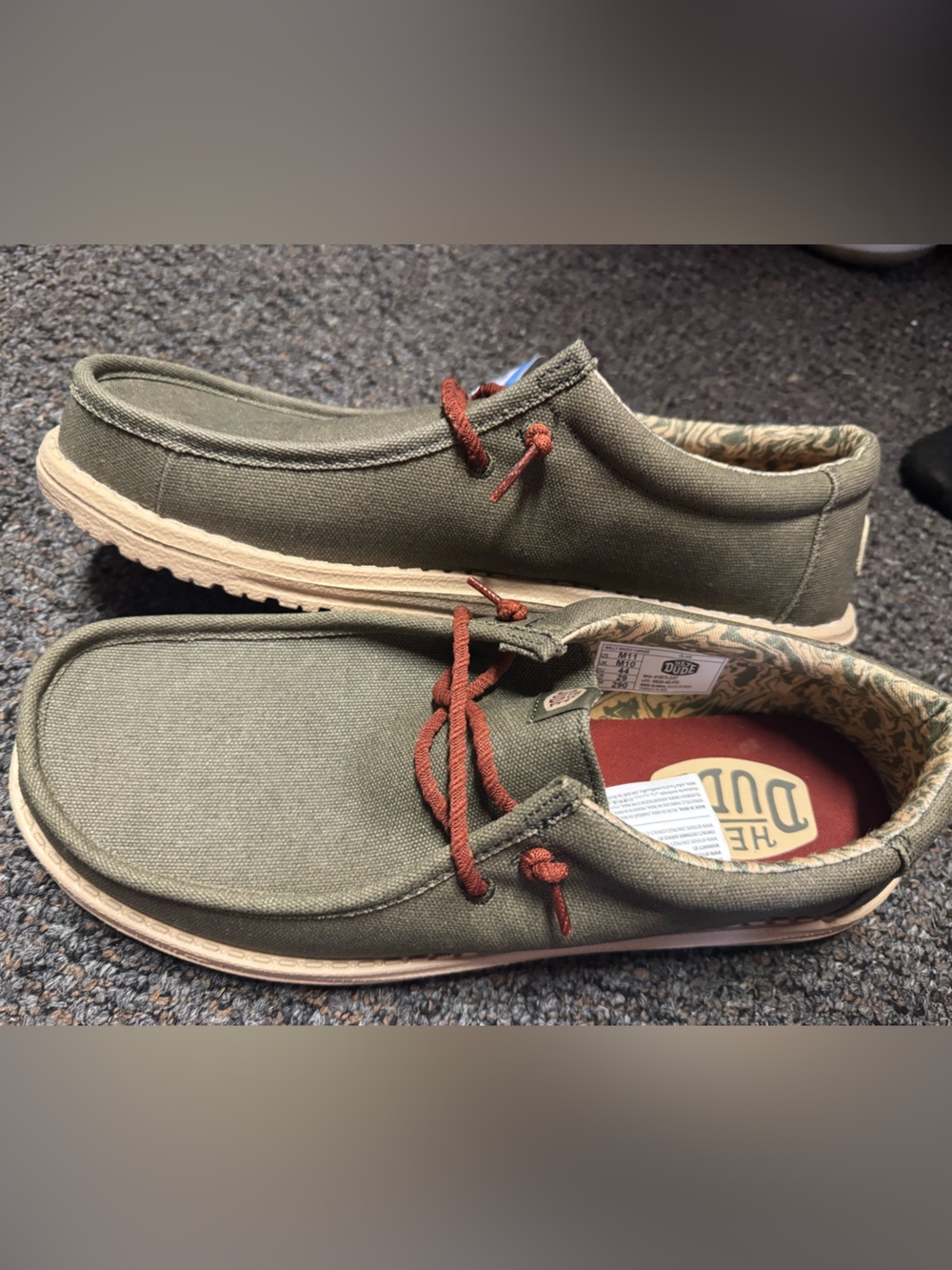 Hey Dude Olive Canvas Slip-On Loafers with Brown Laces